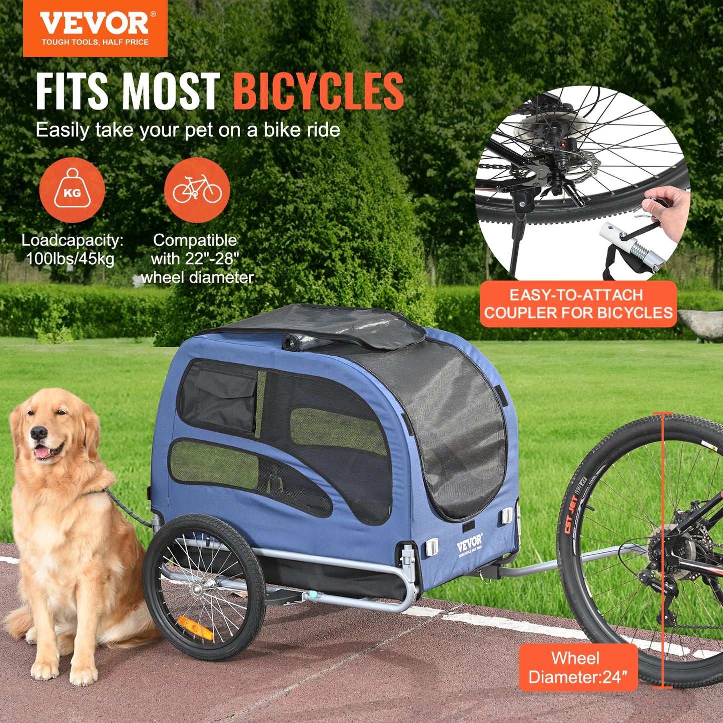 100Lbs Pet Cart Bicycle Carrier Dog Trailer With Reflectors