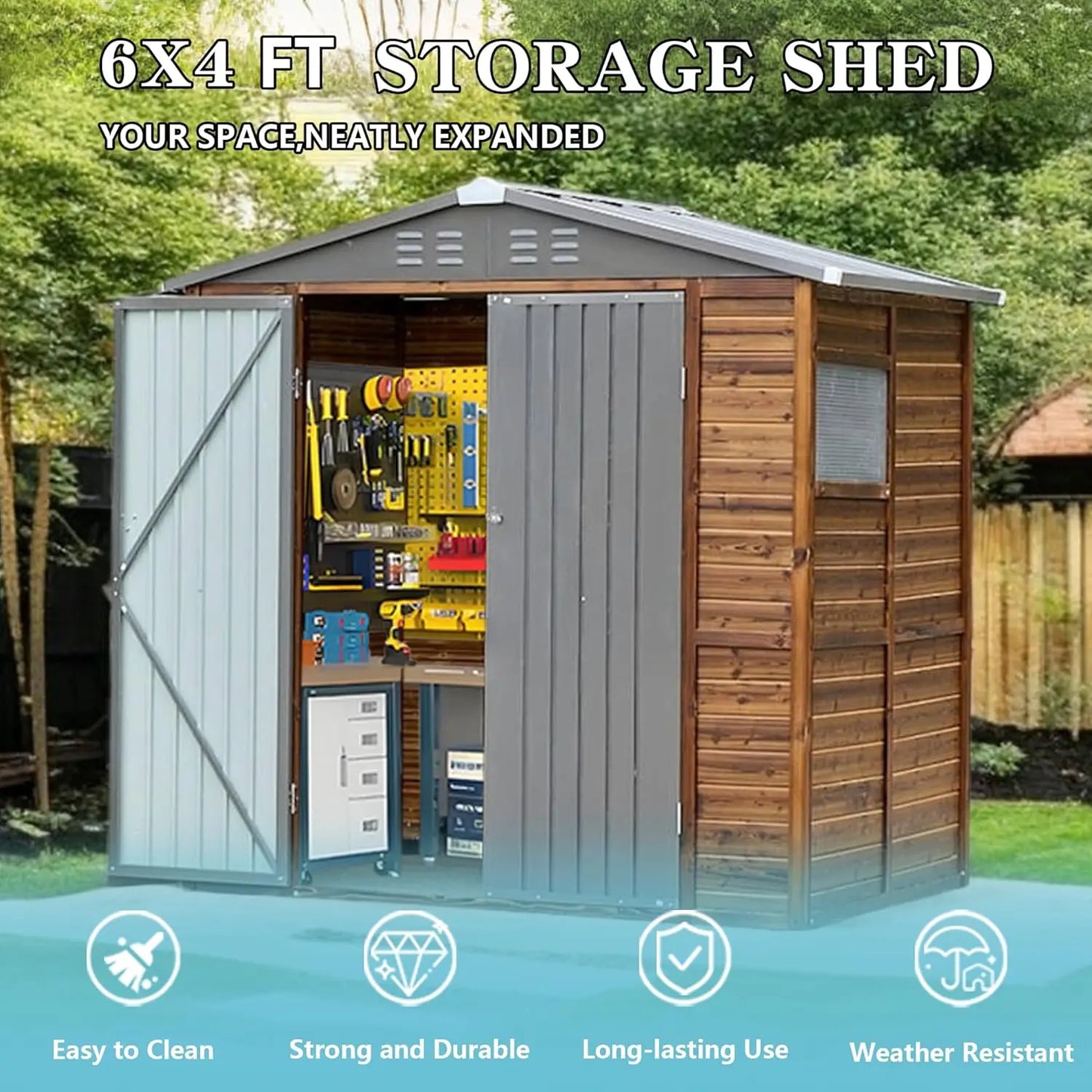 Outdoor Storage Shed With Windows Waterproof Metal And Wood For Patio Backyard