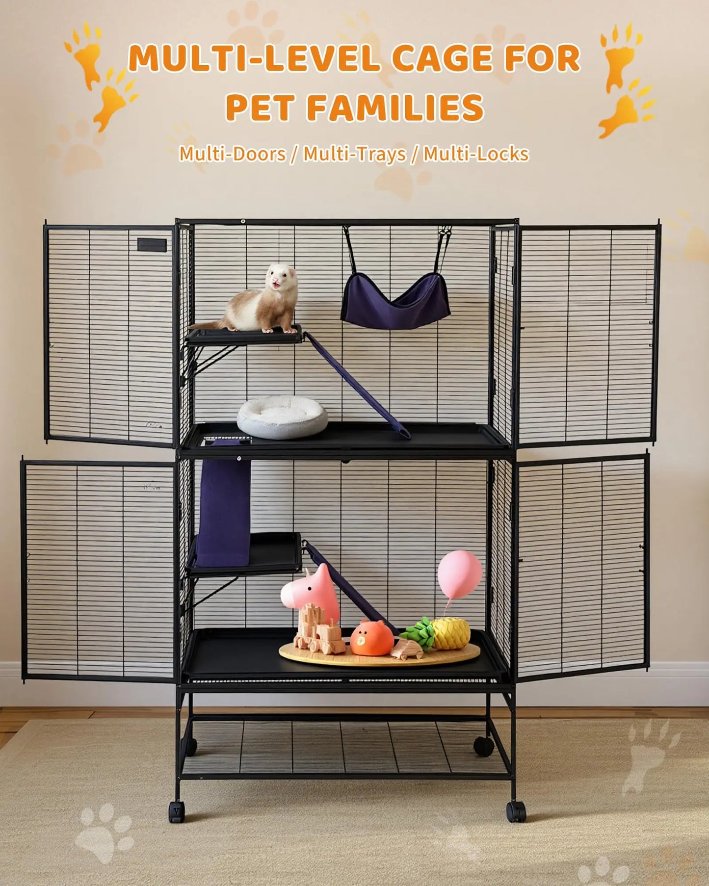 HiMISS Heavy-Duty Small Animal Cage With Lockable Wheels Hammock