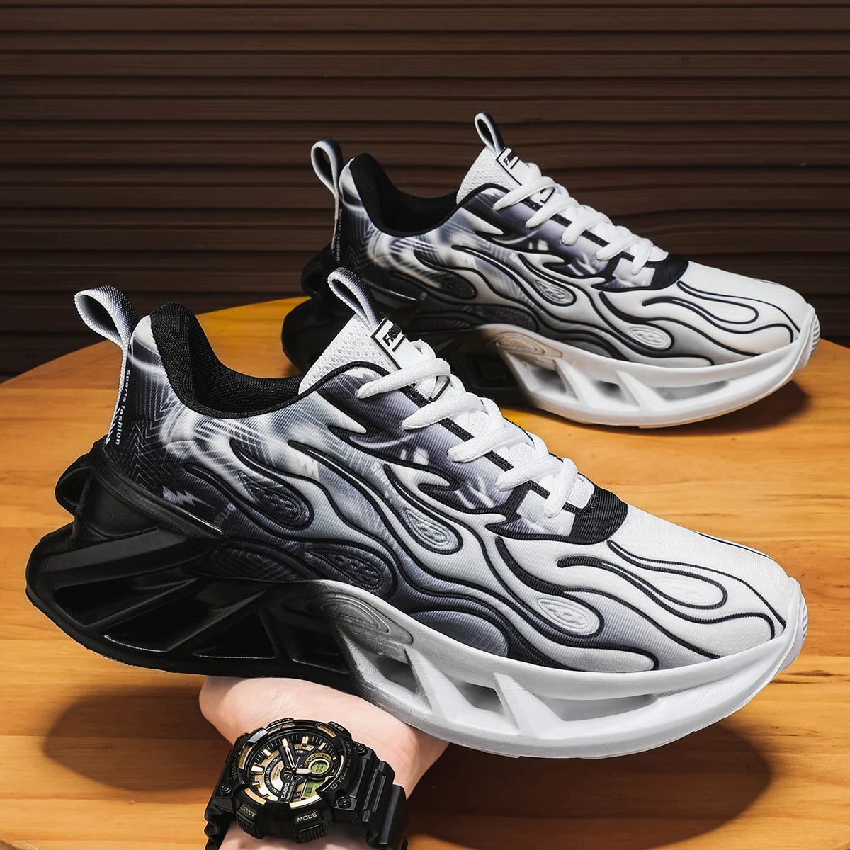 Unisex Flame Print Gradient Sneakers With Breathable Mesh Running Shoes