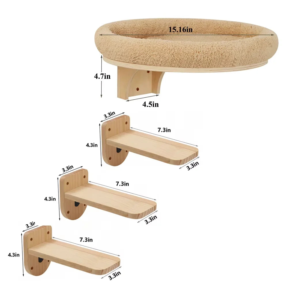 Cat Wall Mounted Solid Pine Wood Climbing Ladder With Hammock And Scratching Post