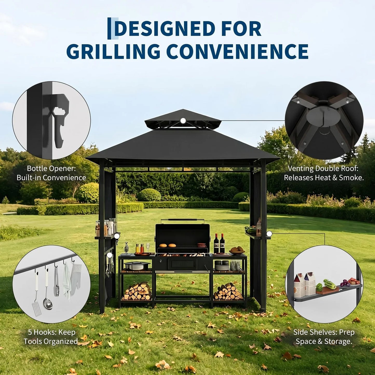 HiMISS Outdoor BBQ Grill Gazebo With Double Roof Vented Canopy