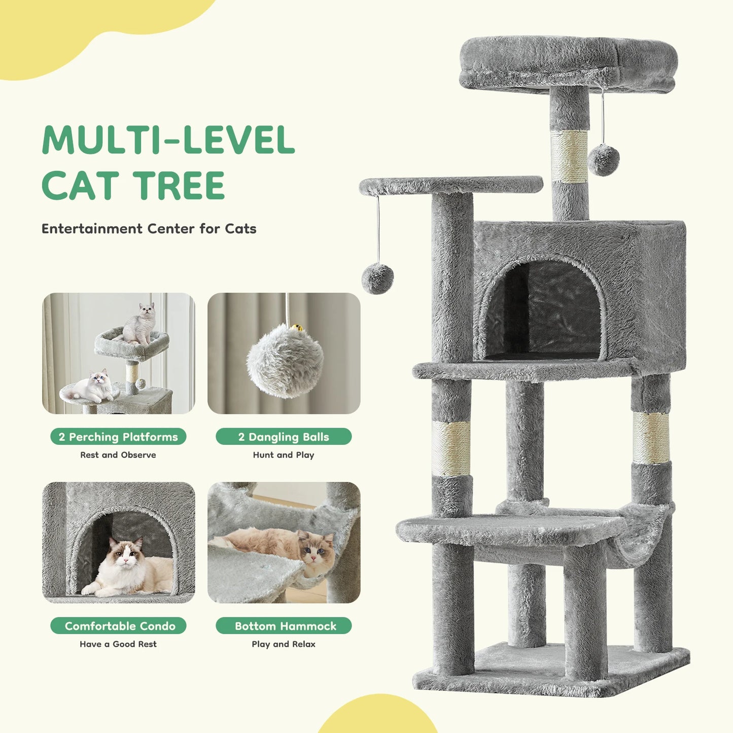 JHK Cat Tree Tower For Cats With Sisal Scratching Posts