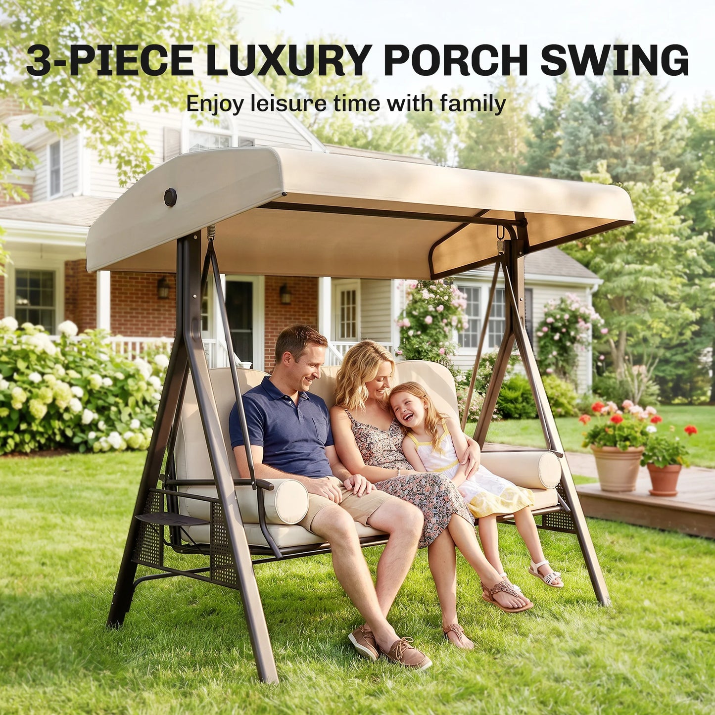 3 Person Outdoor Canopy Cushioned Patio Glider Swing Seat