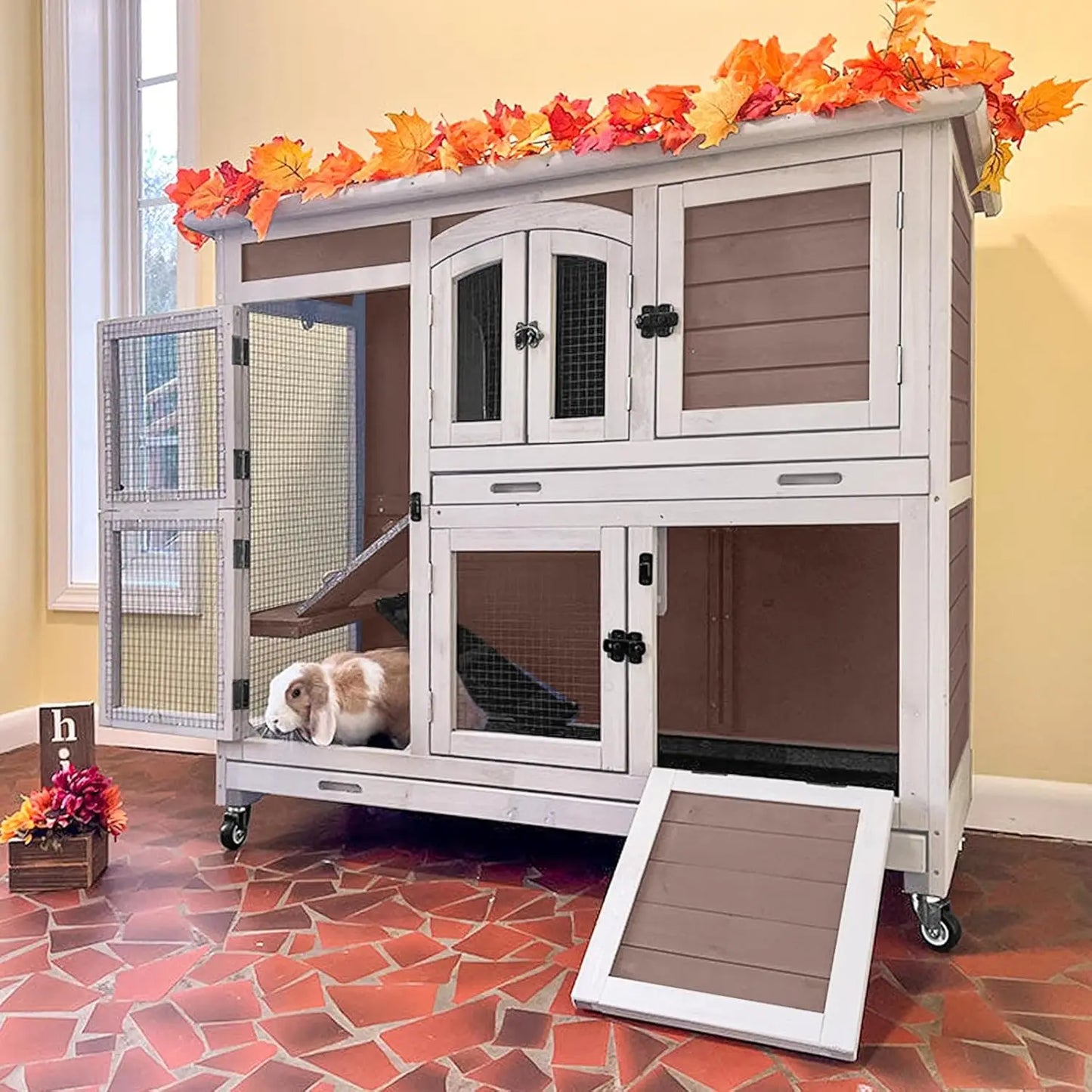 Wooden Rabbit Hutch Indoor Cage With Trays Wheels Ramp