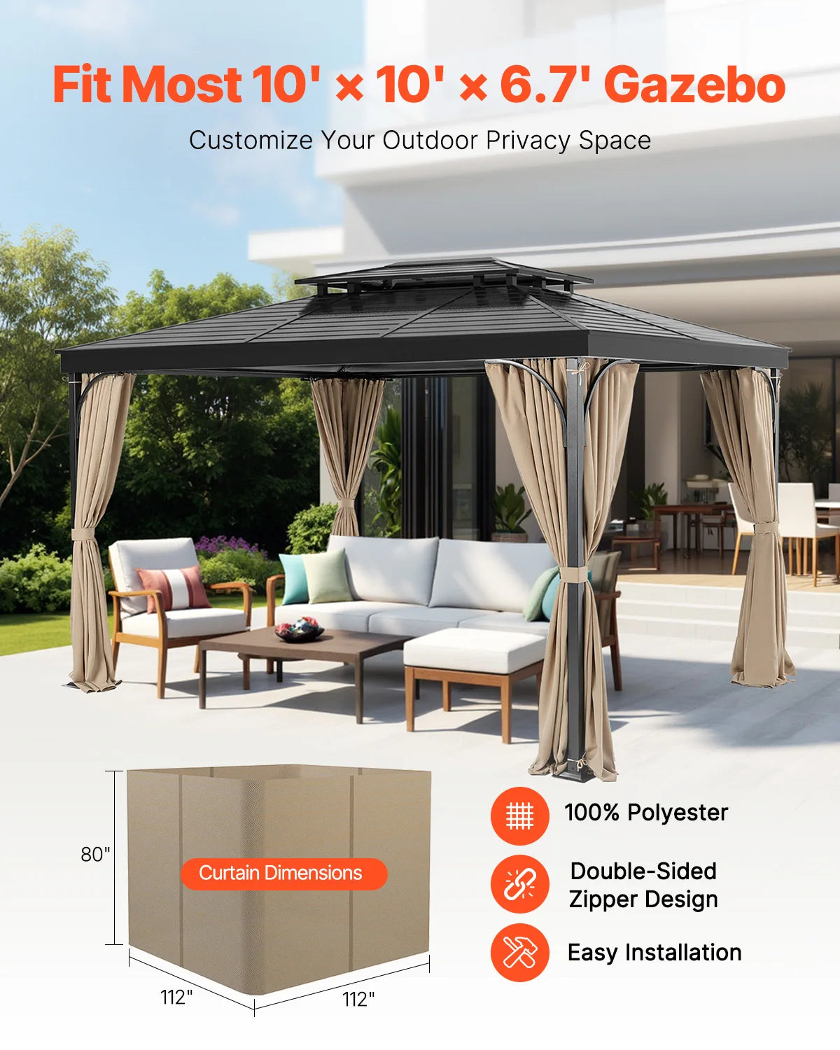 SucceBuy Gazebo Curtain Set 4 Panel Sidewall Privacy With Zippers Patio