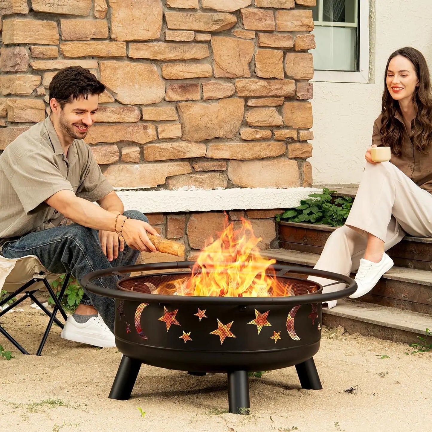 Star Moon Round Fire Pit With Mesh Cover Wood Burning