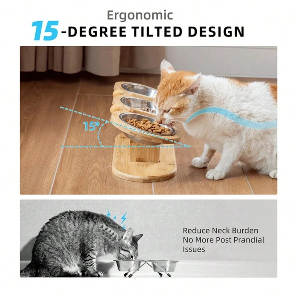 Cat 3-Bowl Raised Feeder With Tilted 15-Degree Stainless Steel Bowls