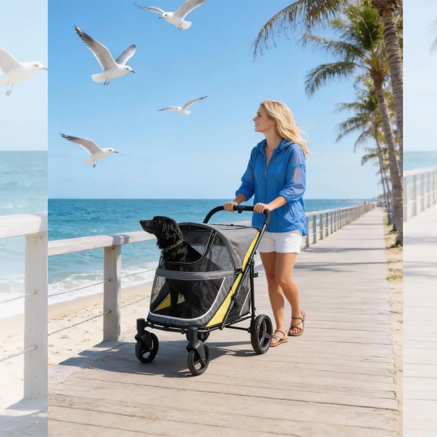 Heavy Duty All Terrain Dog Stroller for Large Dogs with Mesh