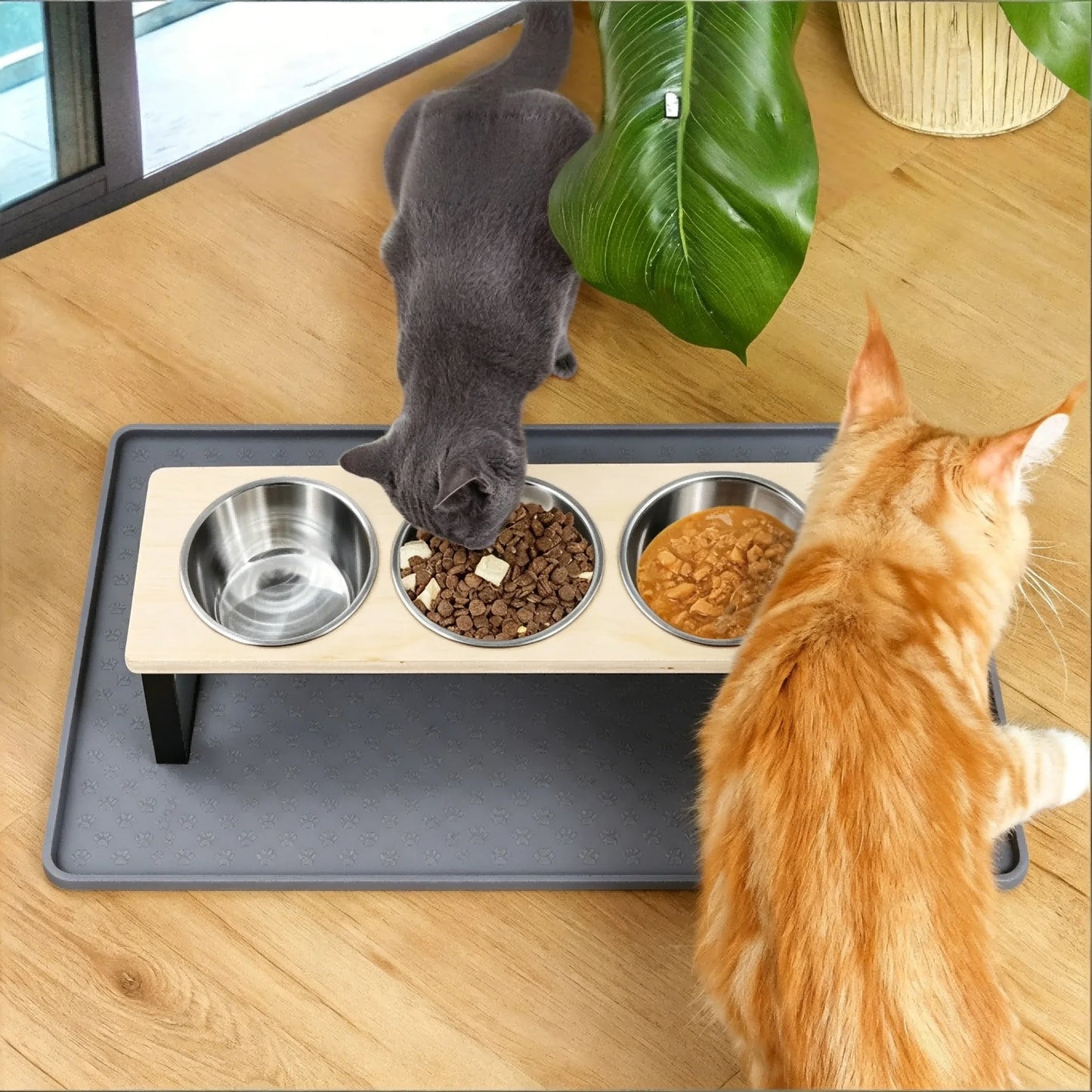 Elevated Cat Feeder With 15 Degree Tilt Bamboo Iron Stand