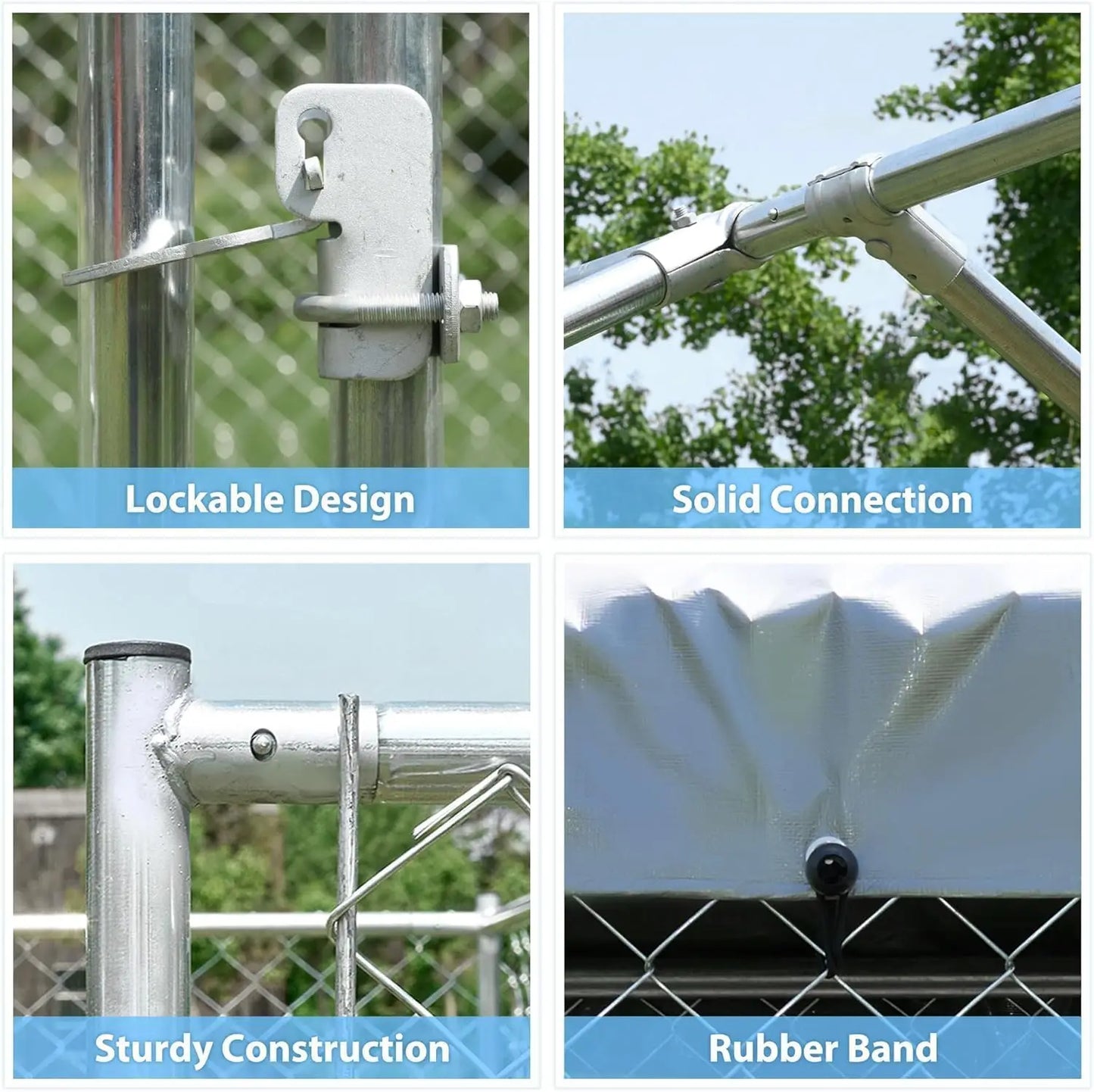 Outdoor Galvanized Dog Kennel With Roof, Lock And Waterproof Cover