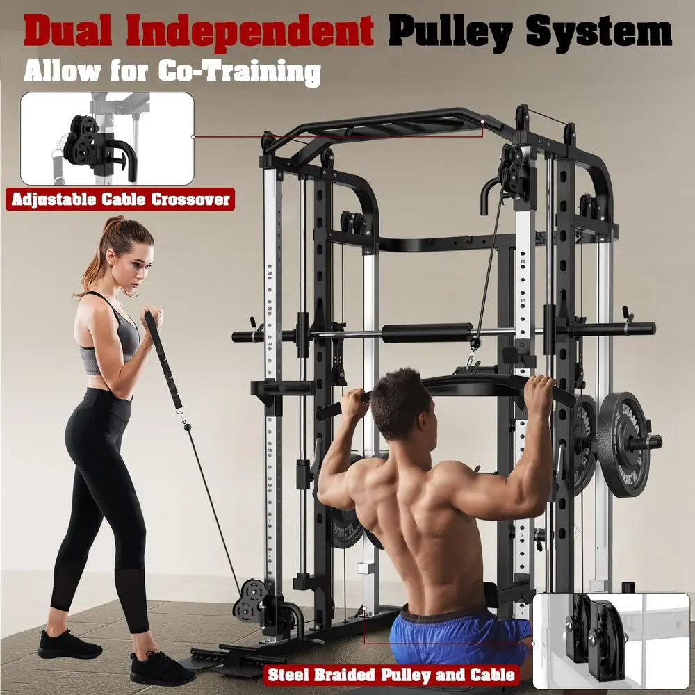 YTYIN Multifunctional Power Cage Rack With Smith Bar Cable Pulley