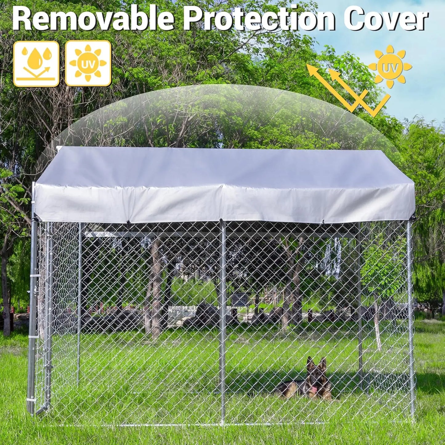 Outdoor Galvanized Dog Kennel With Roof, Lock And Waterproof Cover