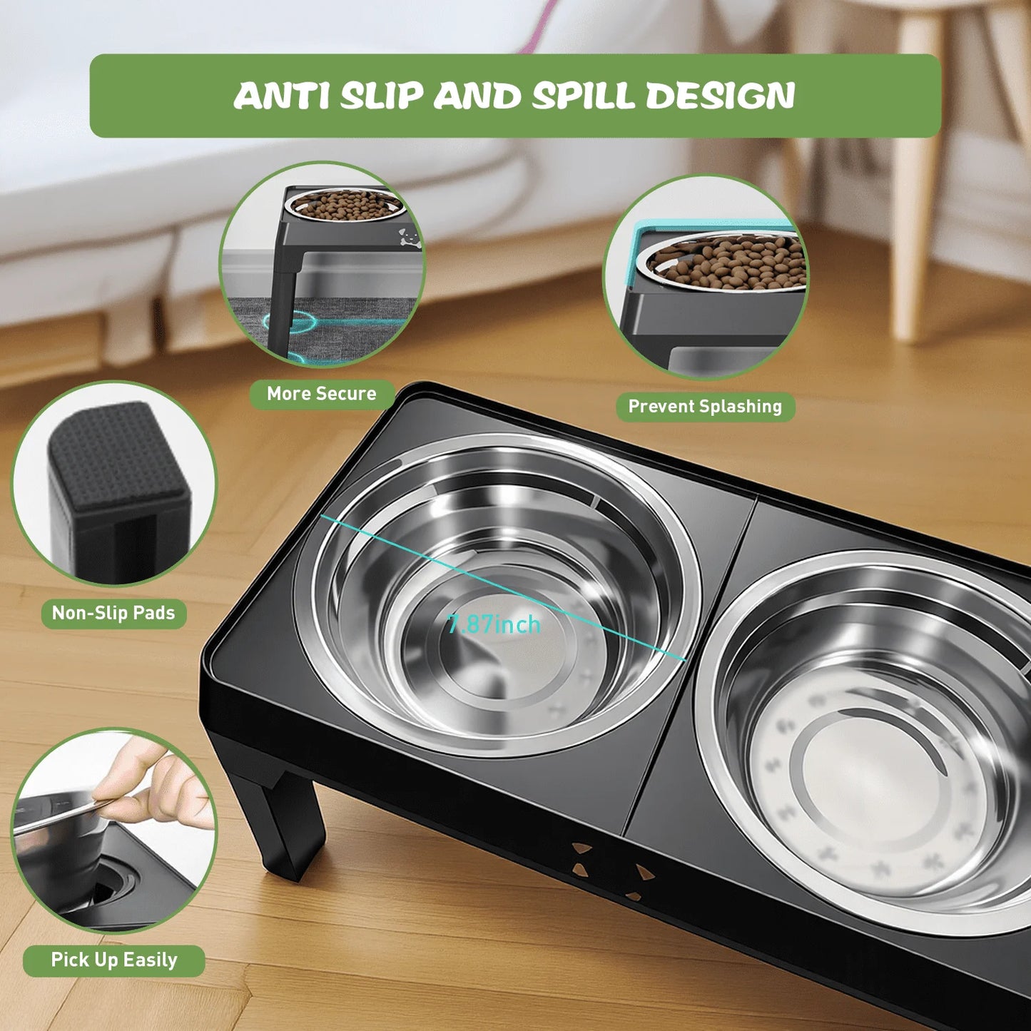Raised Dog Bowls With Adjustable Heights And Stainless Steel Bowls