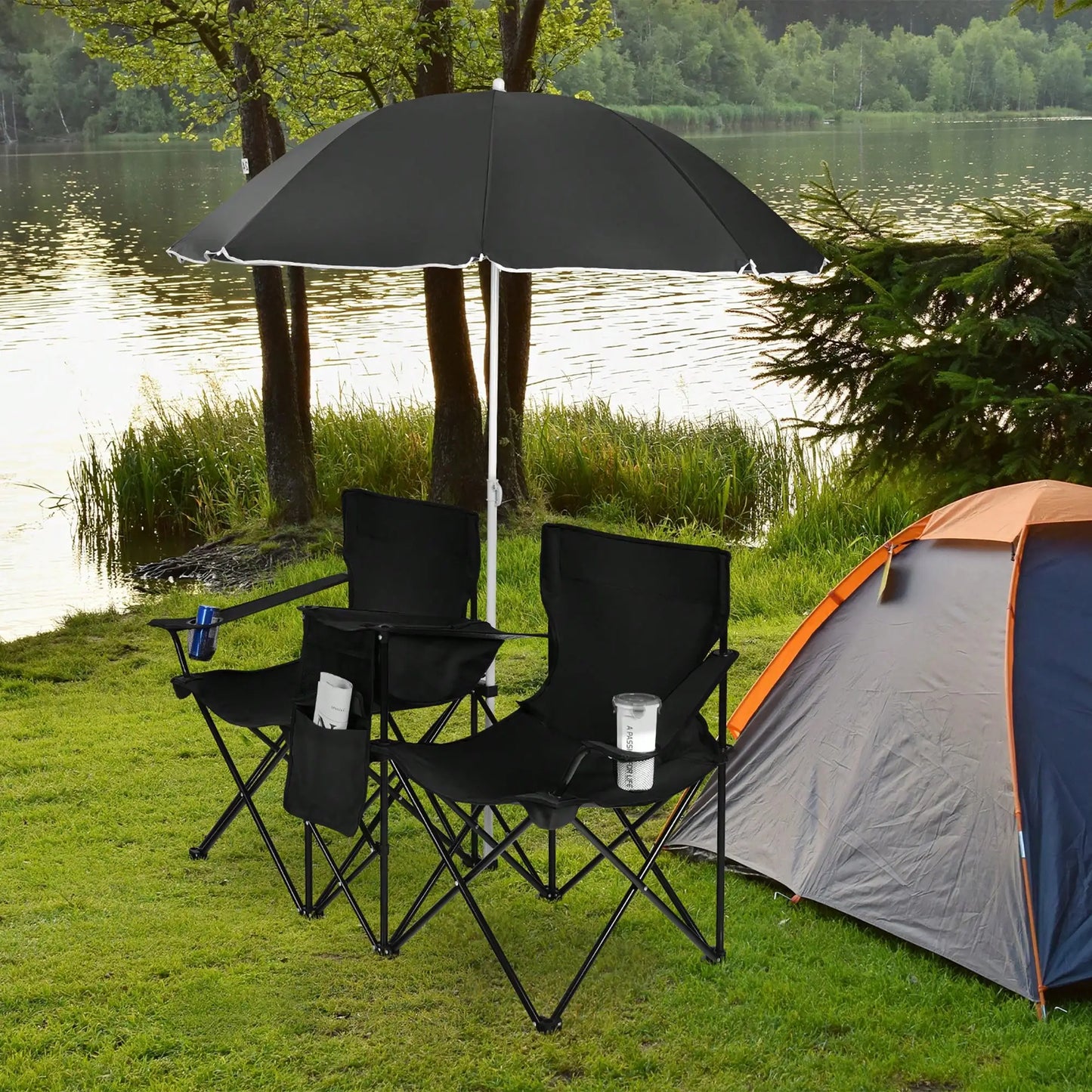 Folding Double Picnic Chair With Umbrella Table Cooler