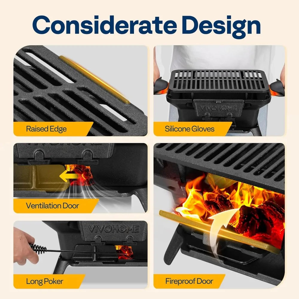 NBVCX Portable Rectangle Charcoal Grill With Double Sided Grate