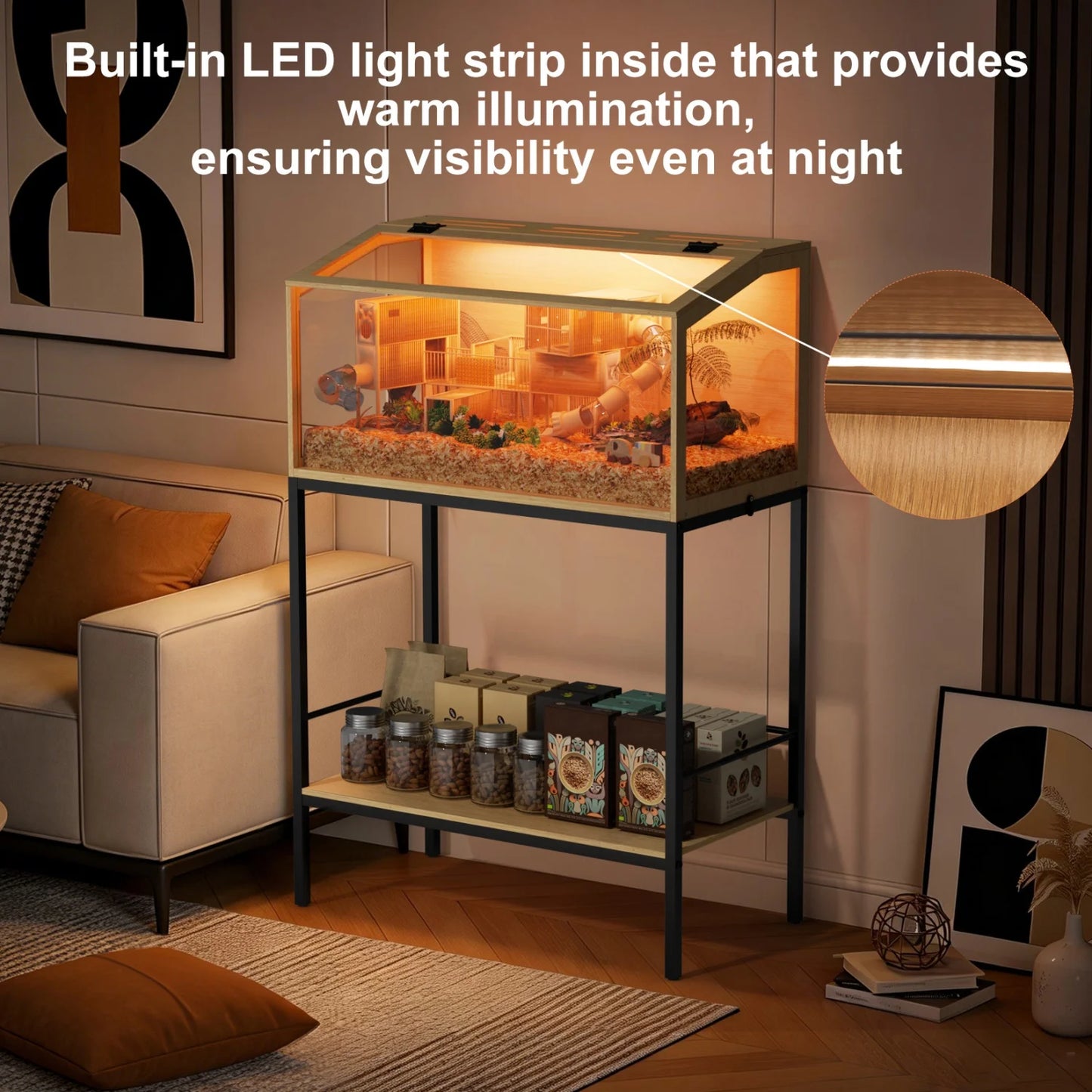 Wooden Hamster And Guinea Pig Cage With Chewproof Panels LED Light