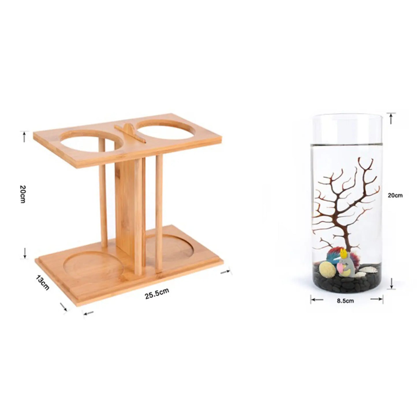 Bamboo Base Glass Betta Tank With LED Light Desktop Decor