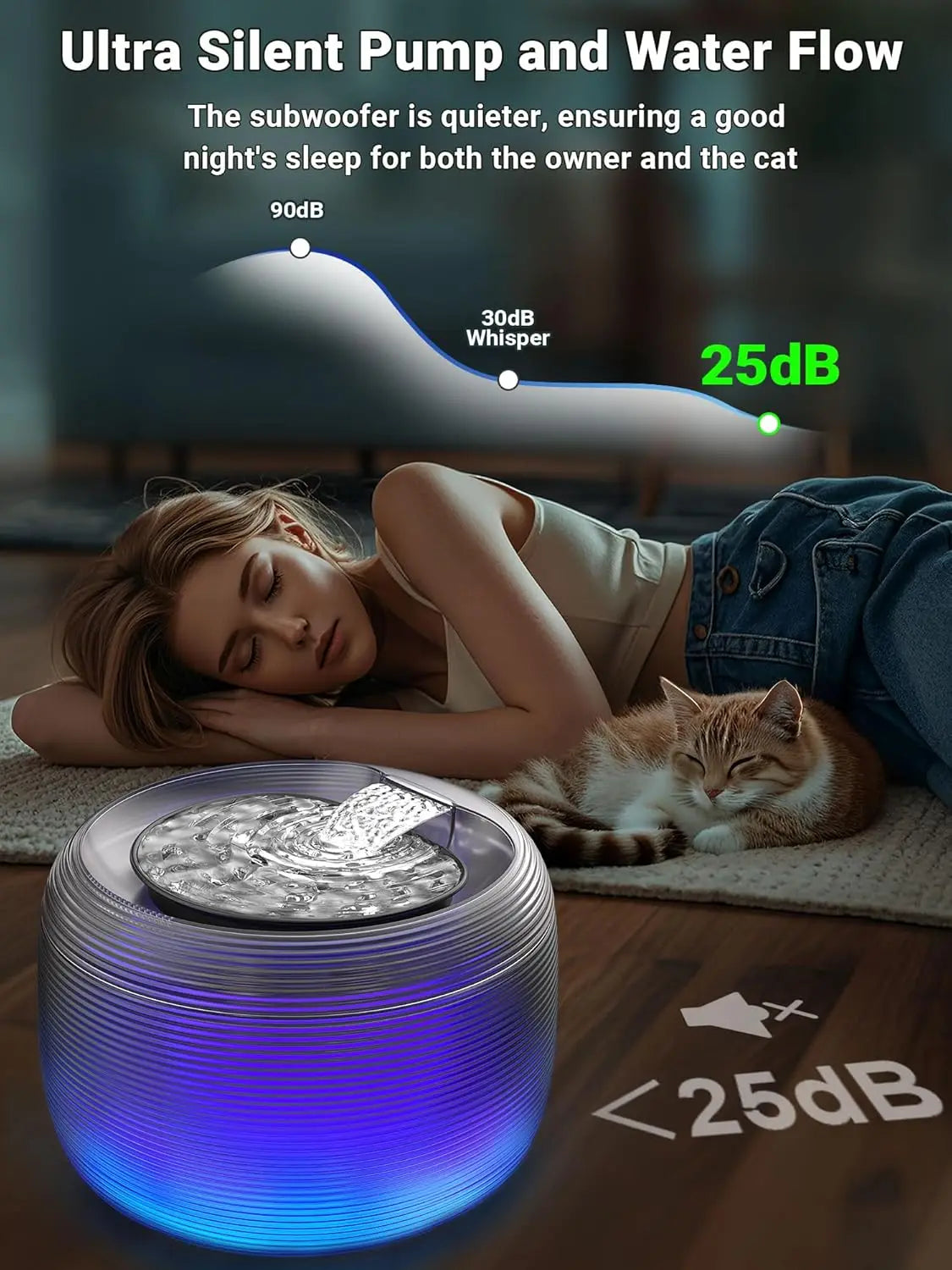 Quiet Cat Water Fountain With LED Light Easy Cleaning