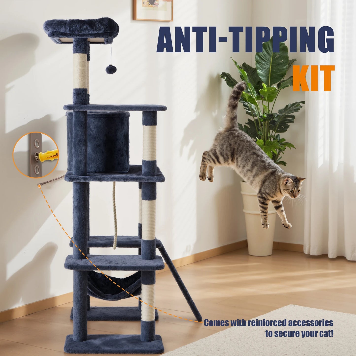 JHK Cat Tree Tall Multi Cat Climbing Tower With Natural Sisal Scratching Posts