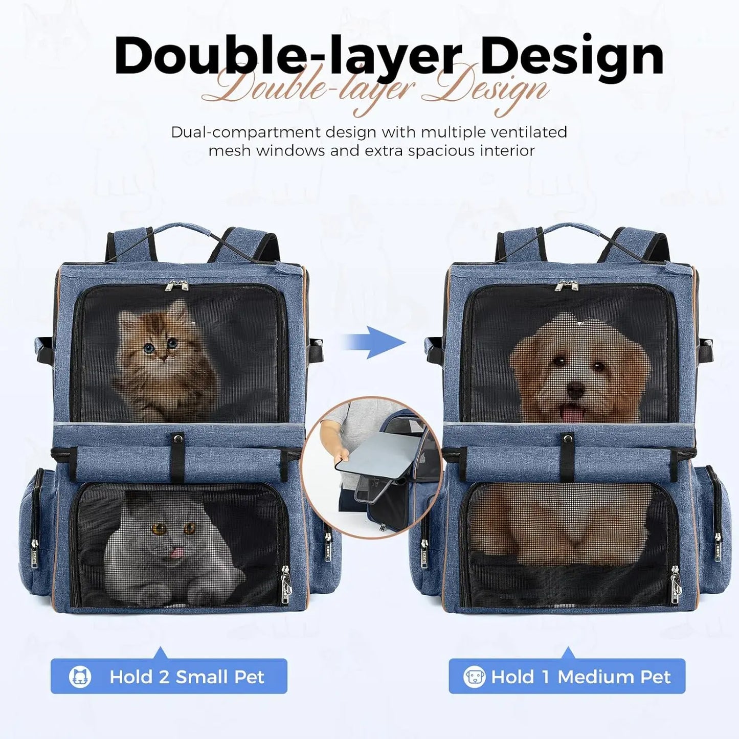 Double-Compartment Cat Backpack Carrier For Two Small Cats Or Dog