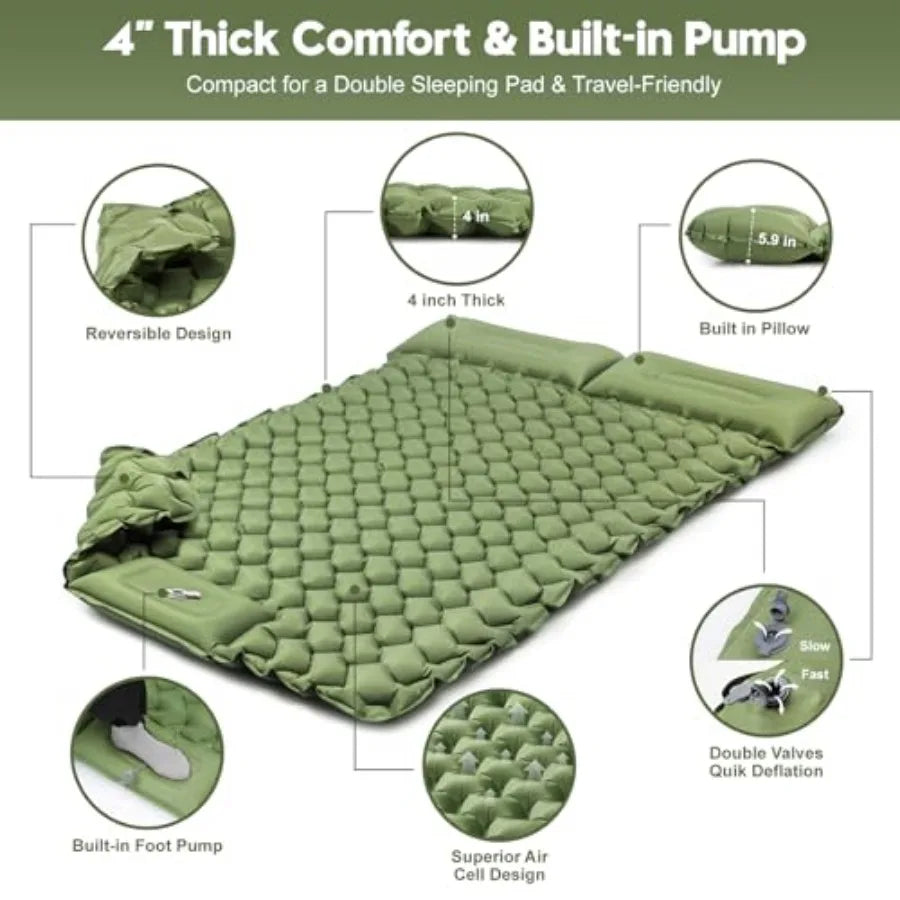 Double Sleeping Pad For Camping Inflatable 2 Person With Pillow Pump