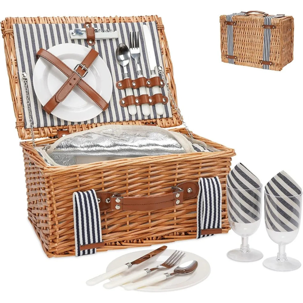 NBVCX Handmade Wicker Picnic Set For Two With Insulated Cooler