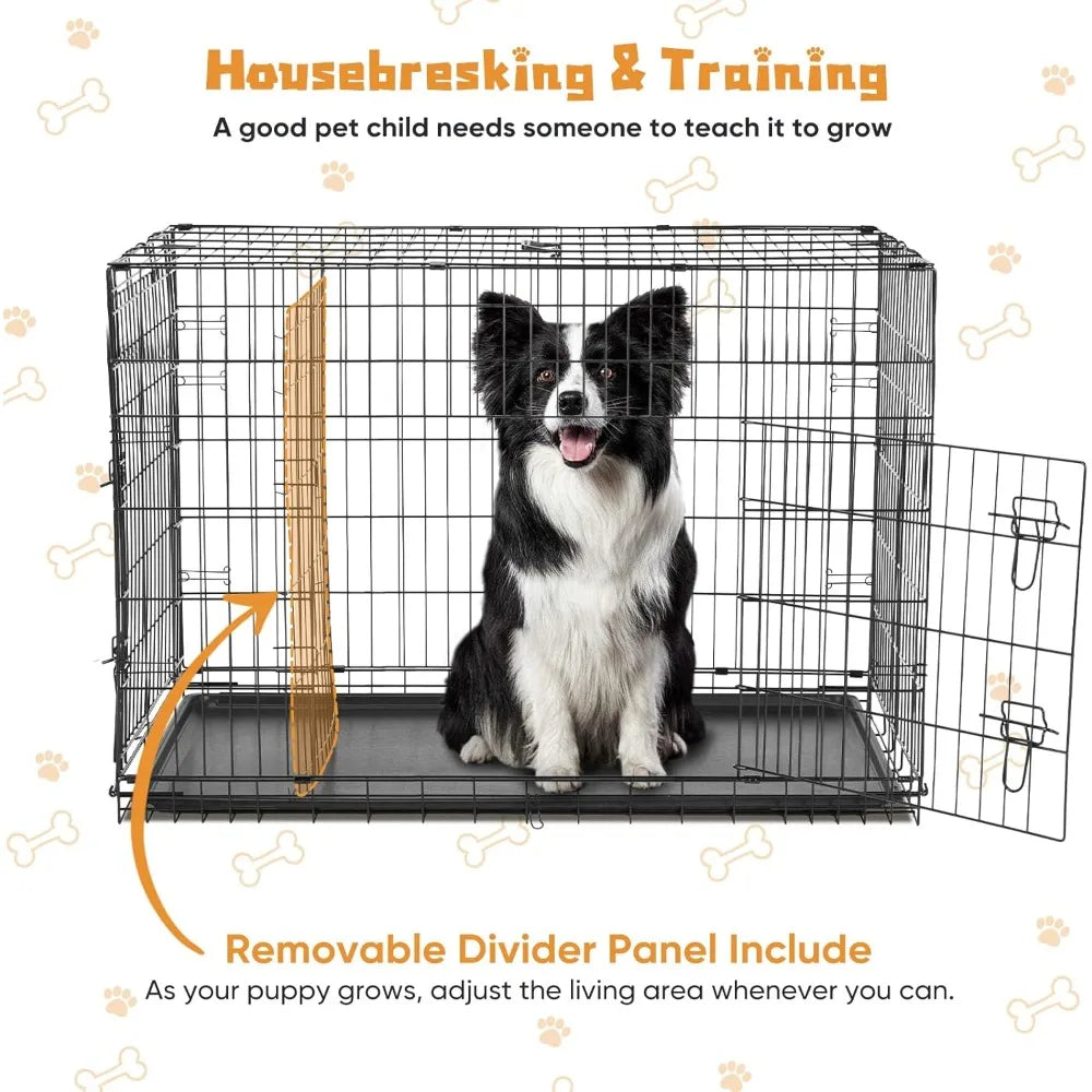 Dog Crate Double Door Metal Wire Foldable Cage With Leak-Proof Pan Tray