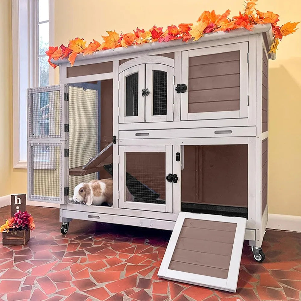 Wooden Rabbit Hutch Indoor Cage With Trays Wheels Ramp
