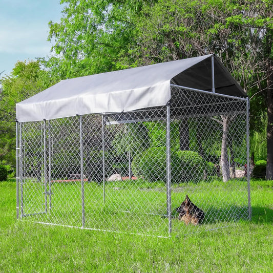 Outdoor Galvanized Dog Kennel With Roof, Lock And Waterproof Cover