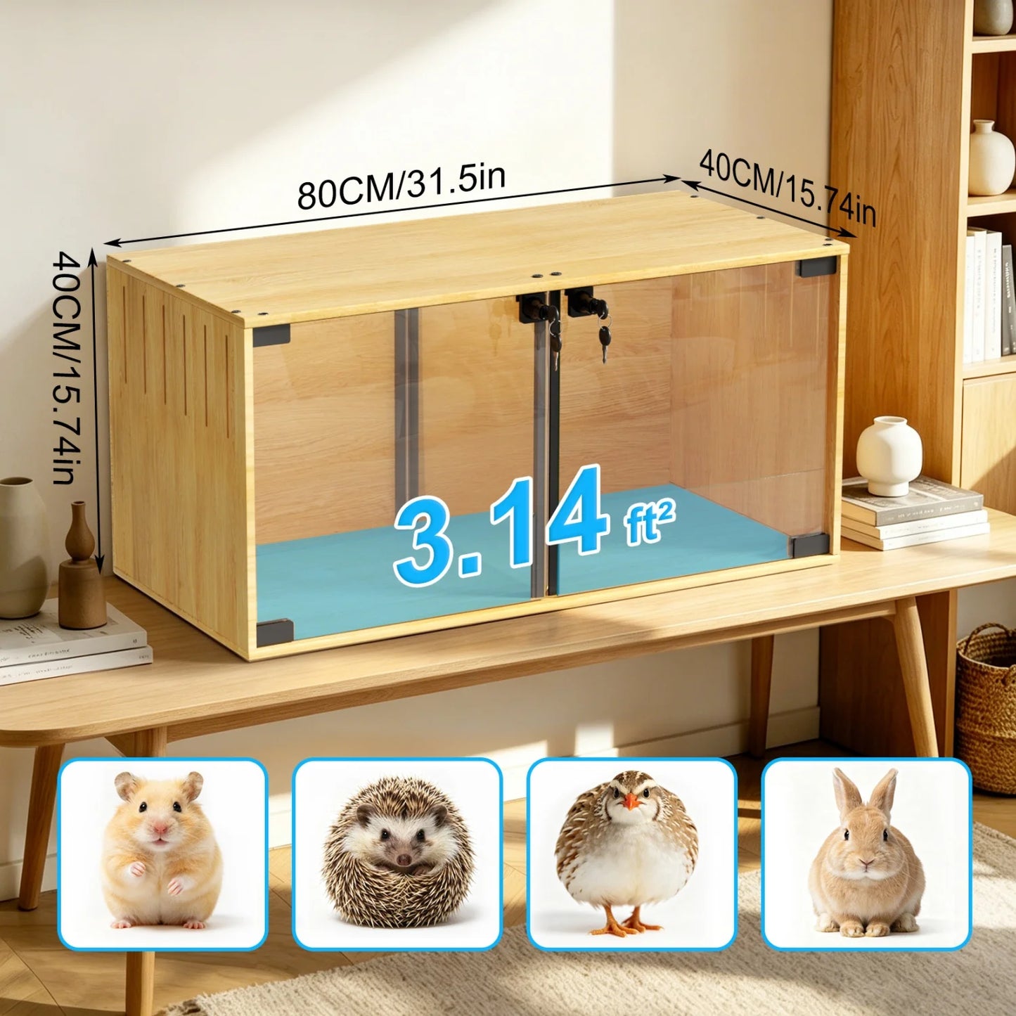 Wooden Small Animal Cage With Removable Divider And Tempered Glass Panels