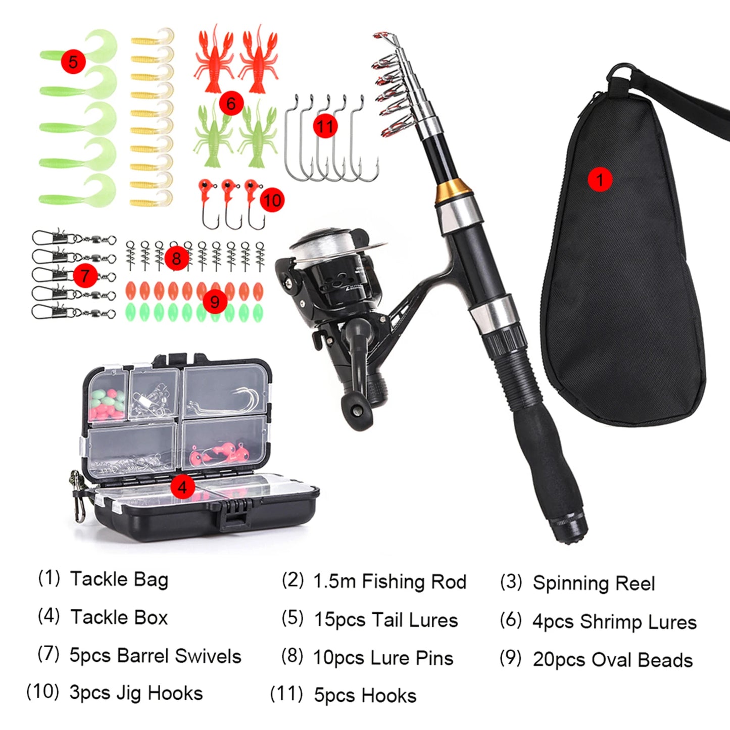 Telescopic Fishing Rod Spinning Reel Combo With Hooks And Swivels