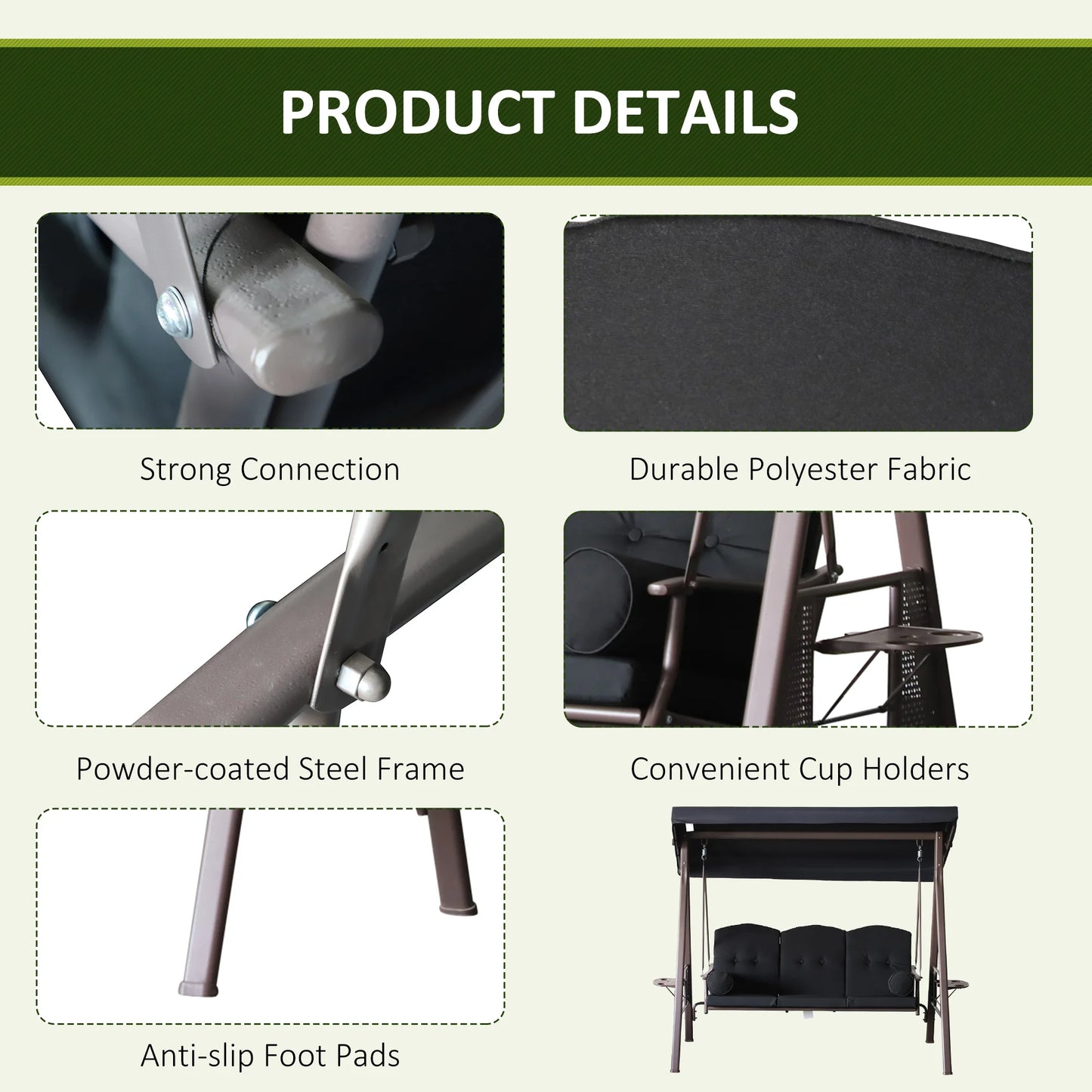 Outsunny 3 Person Outdoor Canopy Cushioned Bench Glider Swing