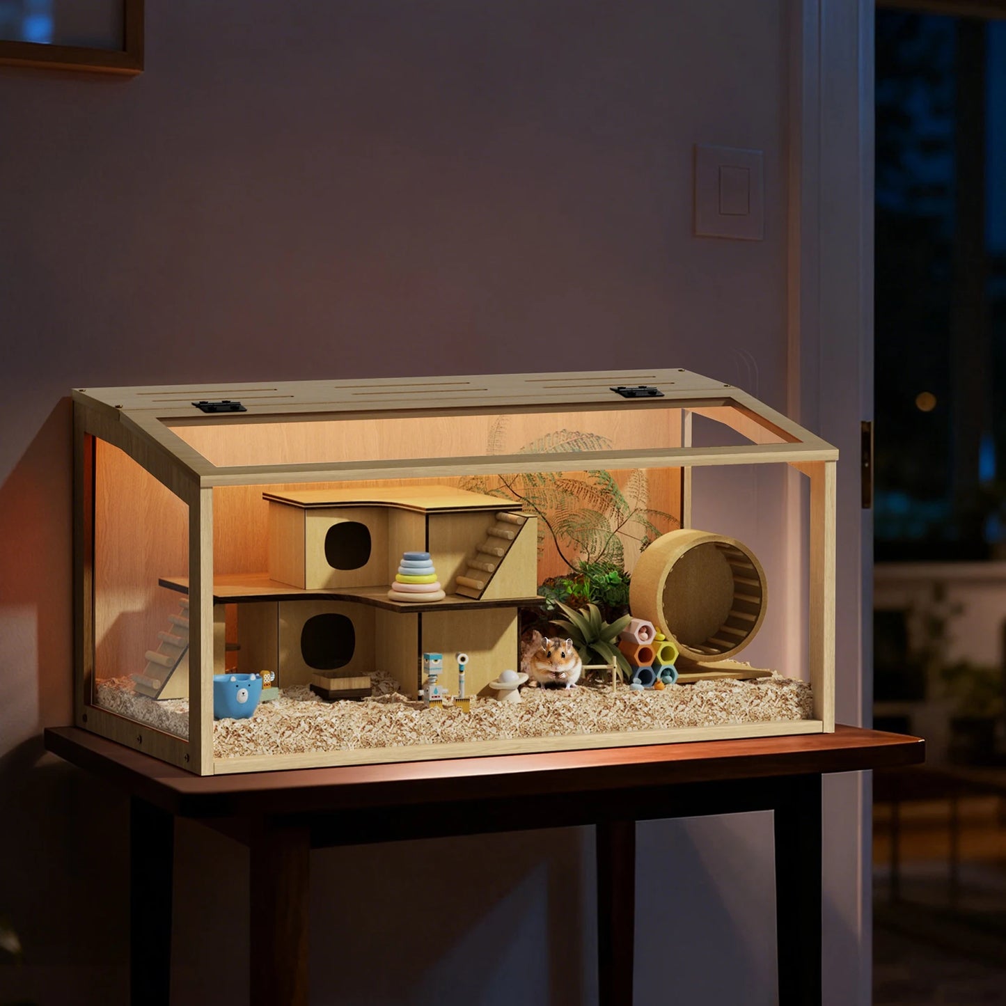 Solid Wooden Hamster Cage With Built In LED Lighting