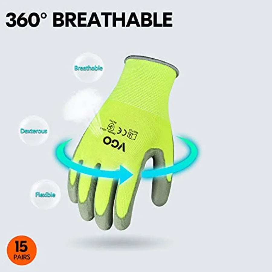 SHXI CN 15-Pair PU Coated Latex Free Gardening Work Gloves