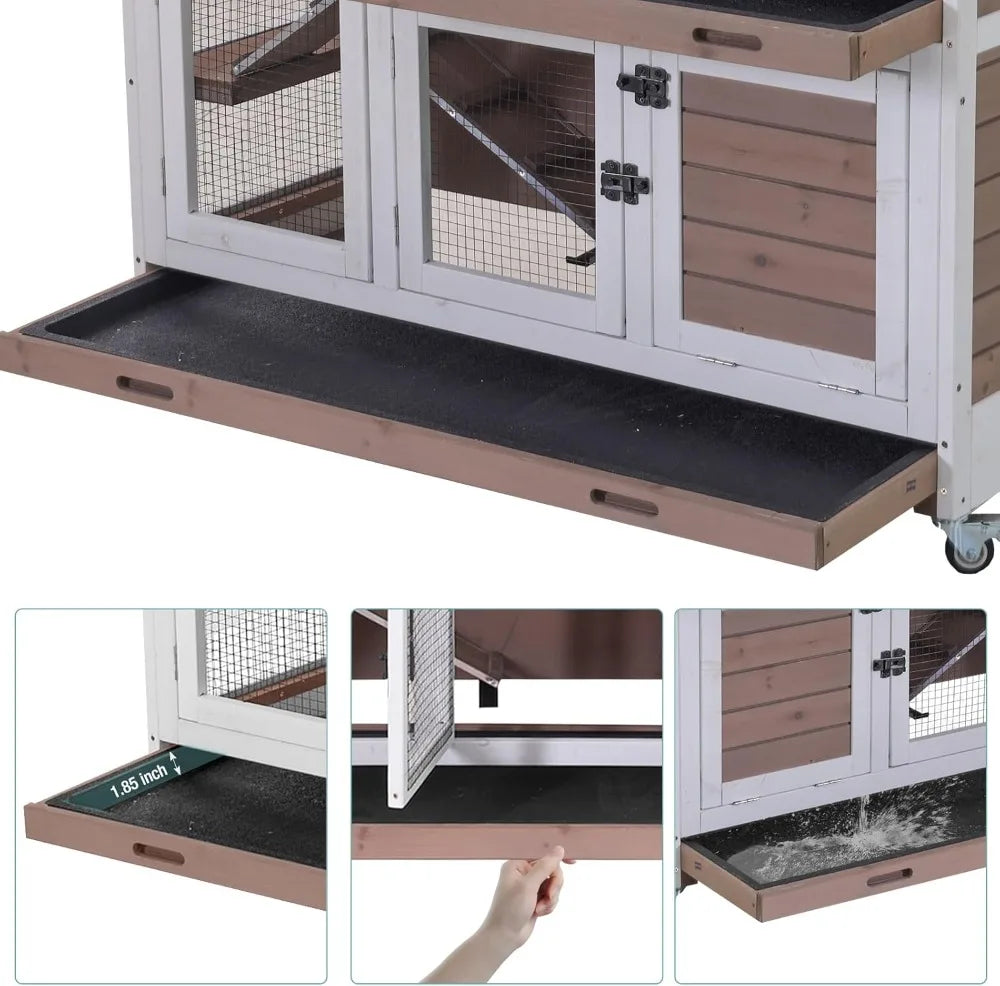 Wooden Rabbit Hutch Indoor Cage With Trays Wheels Ramp