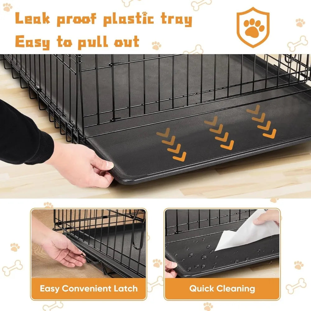 Dog Crate Double Door Metal Wire Foldable Cage With Leak-Proof Pan Tray