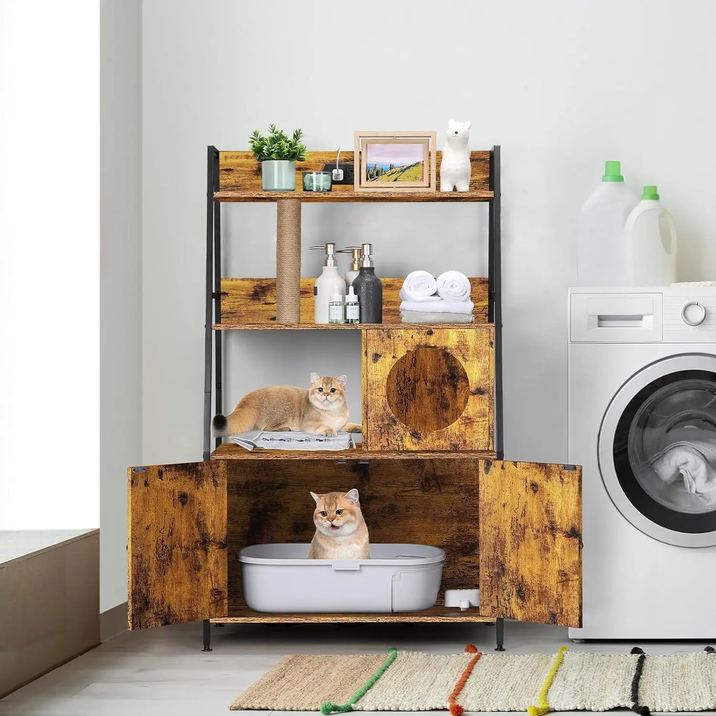 Cat Litter Box Enclosure With Shelves Charging Station Cat Tree