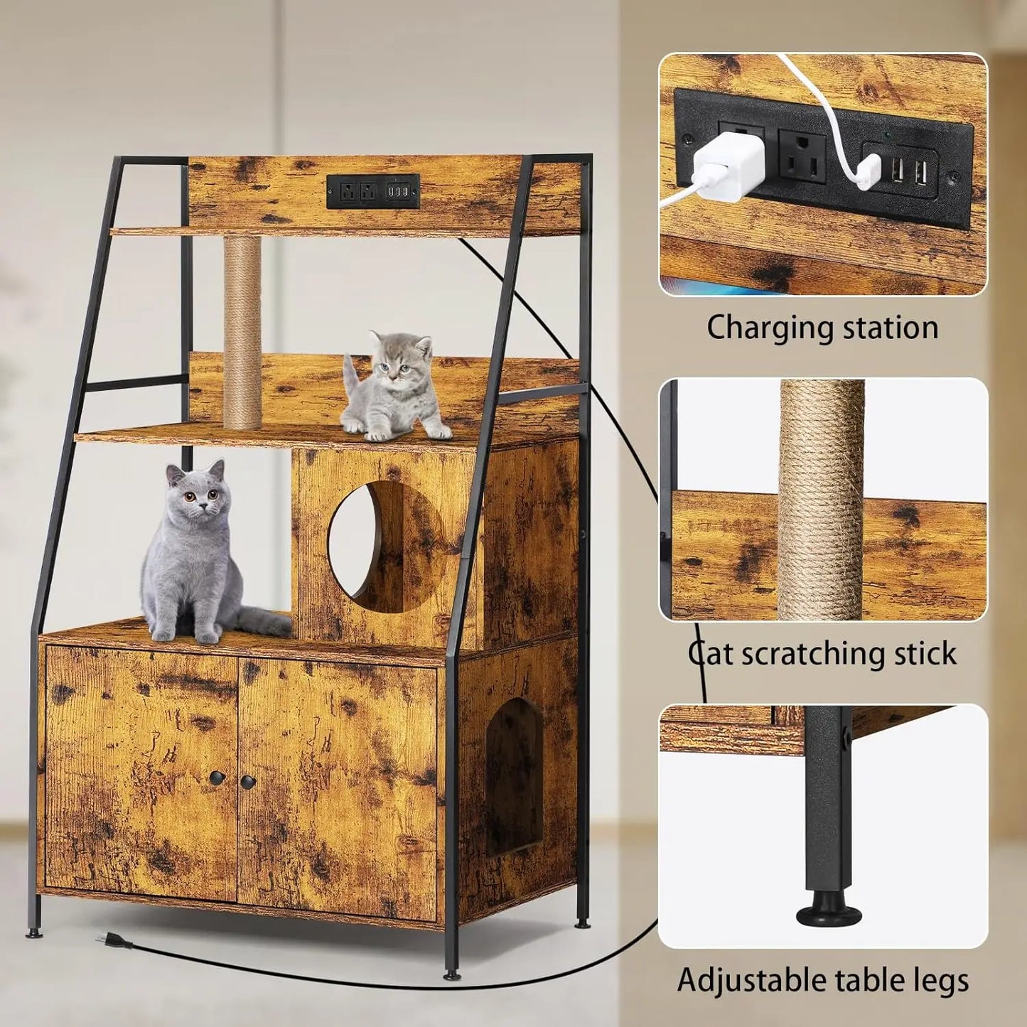 Cat Litter Box Enclosure With Shelves Charging Station Cat Tree