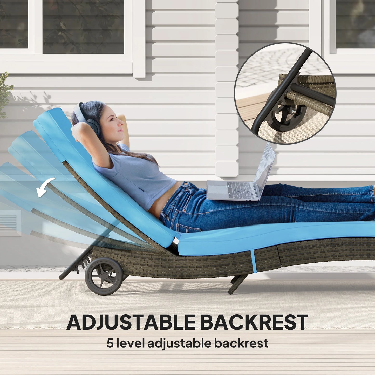 Outsunny Outdoor Reclining Lounge Chair On Wheels PE Wicker