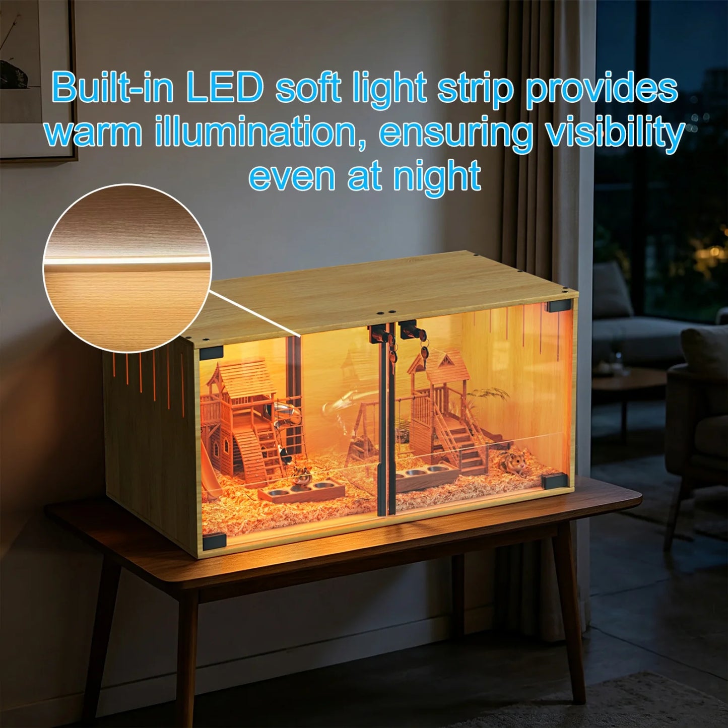 Wooden Small Animal Cage With Removable Divider And Tempered Glass Panels
