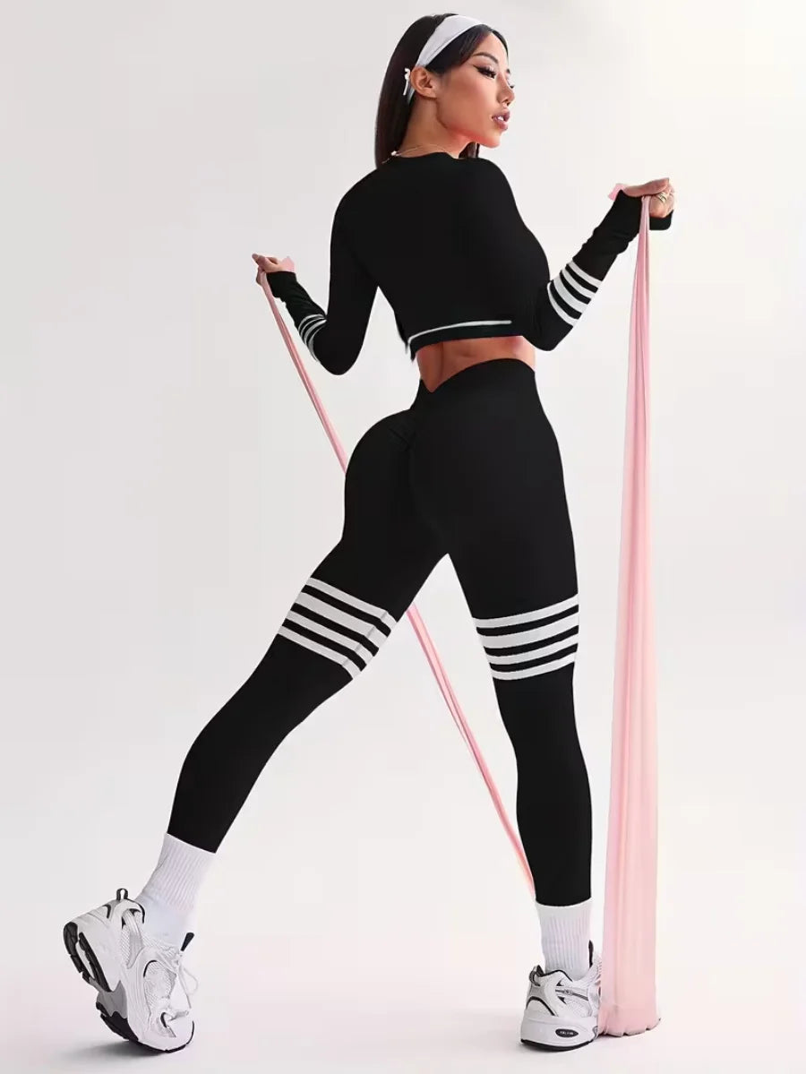 3-Piece Women's Y2K Striped Tracksuit Set Crop Top Leggings Bra