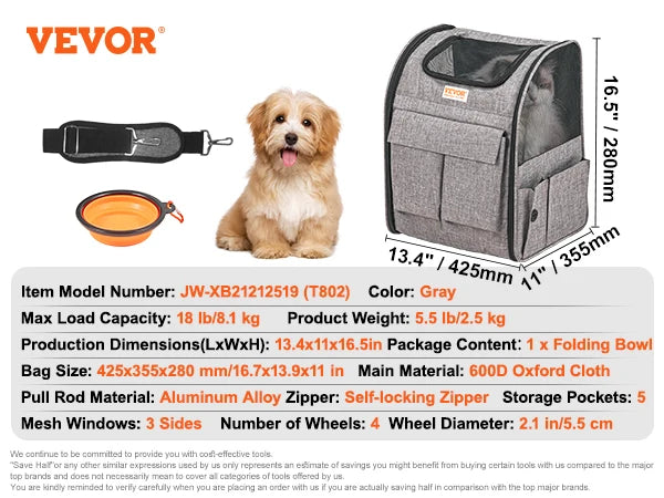 Pet Carrier Backpack With Telescopic Handle And Four Wheels
