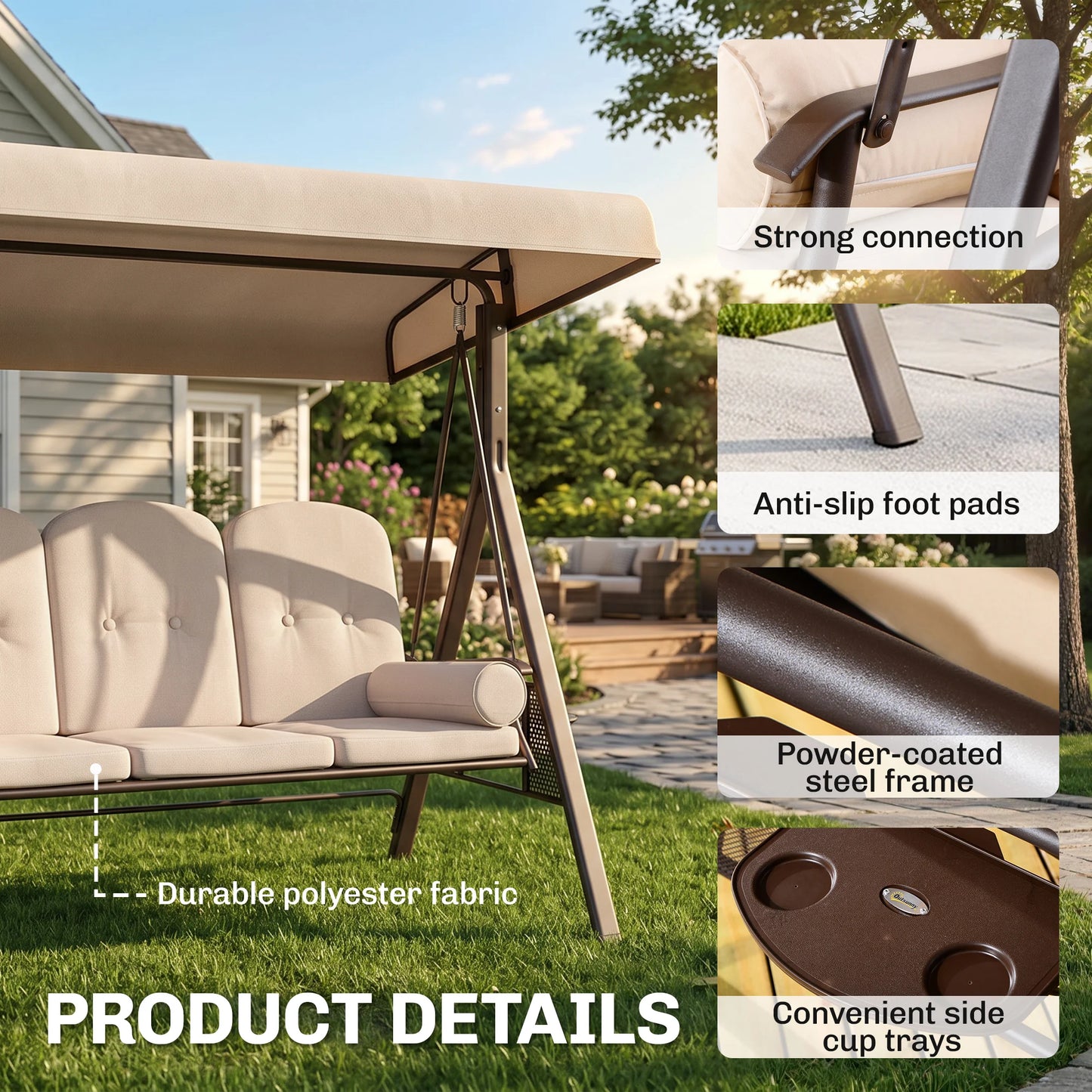 3 Person Outdoor Canopy Cushioned Patio Glider Swing Seat
