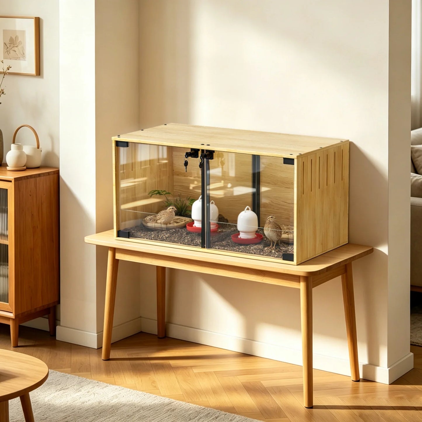 Wooden Small Animal Cage With Removable Divider And Tempered Glass Panels