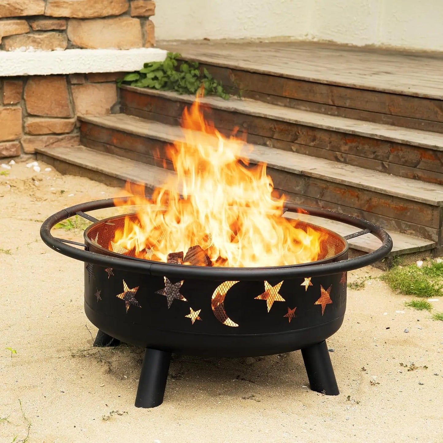 Star Moon Round Fire Pit With Mesh Cover Wood Burning