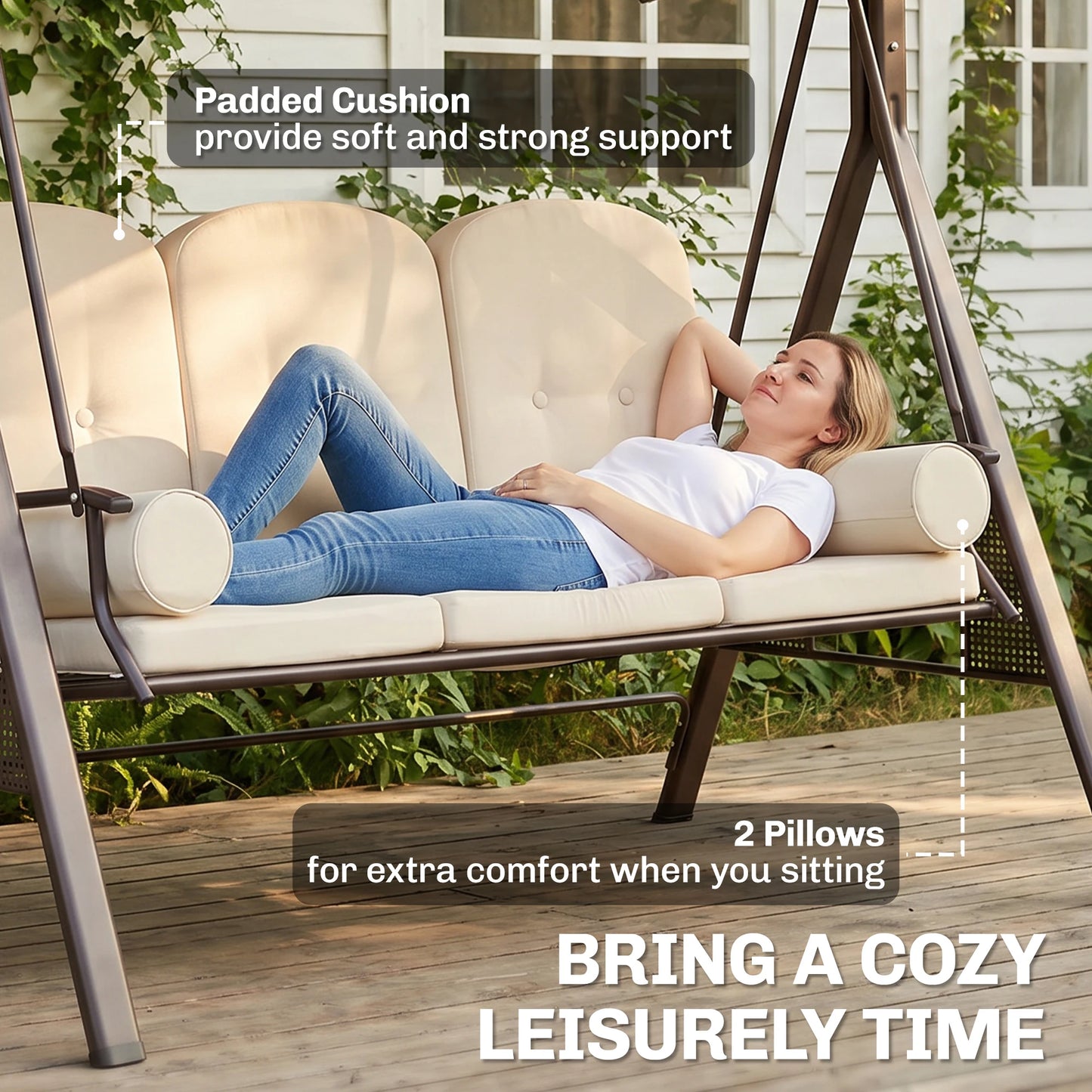 3 Person Outdoor Canopy Cushioned Patio Glider Swing Seat