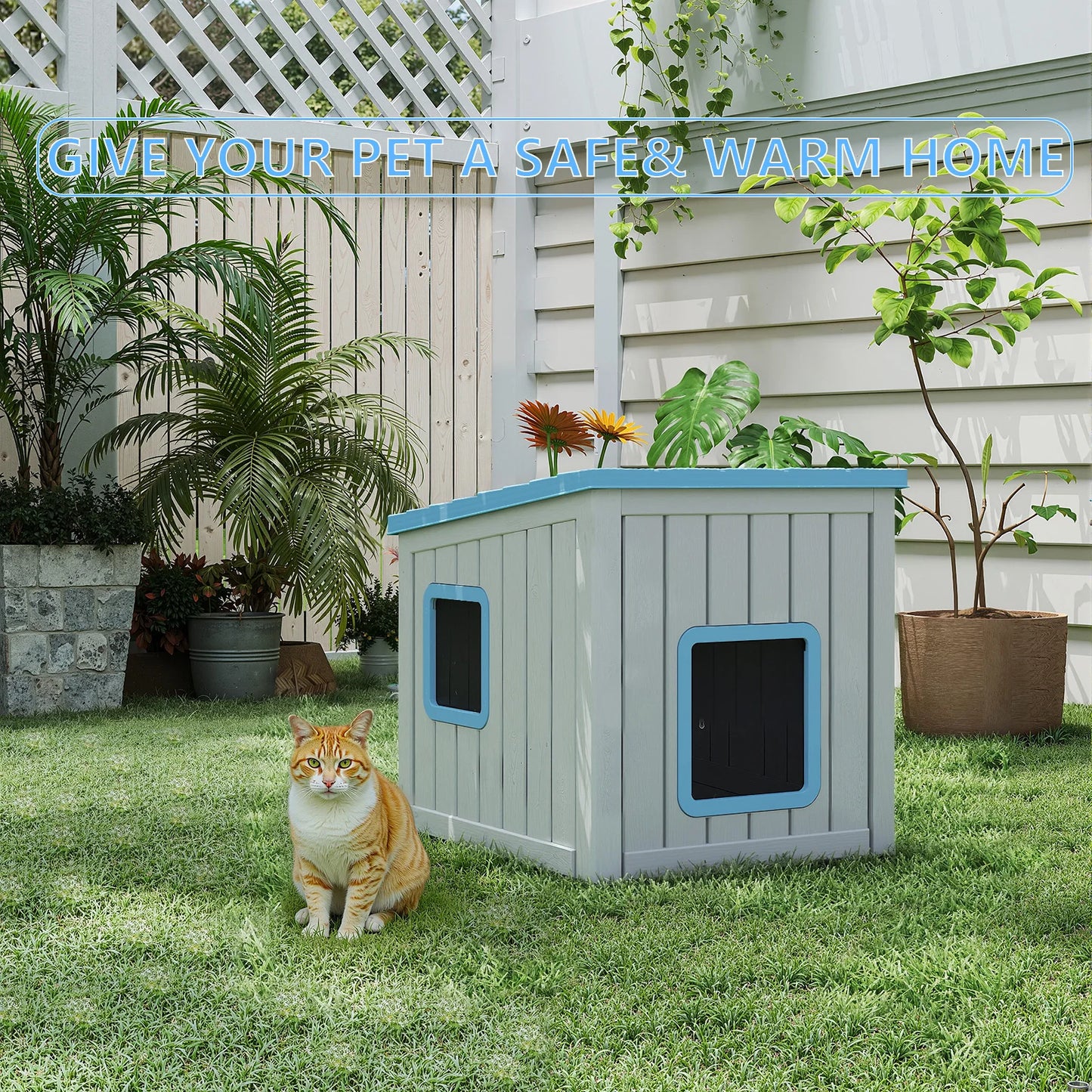 Sloped Roof Plastic Pet House For Indoor Outdoor Weatherproof Shelter