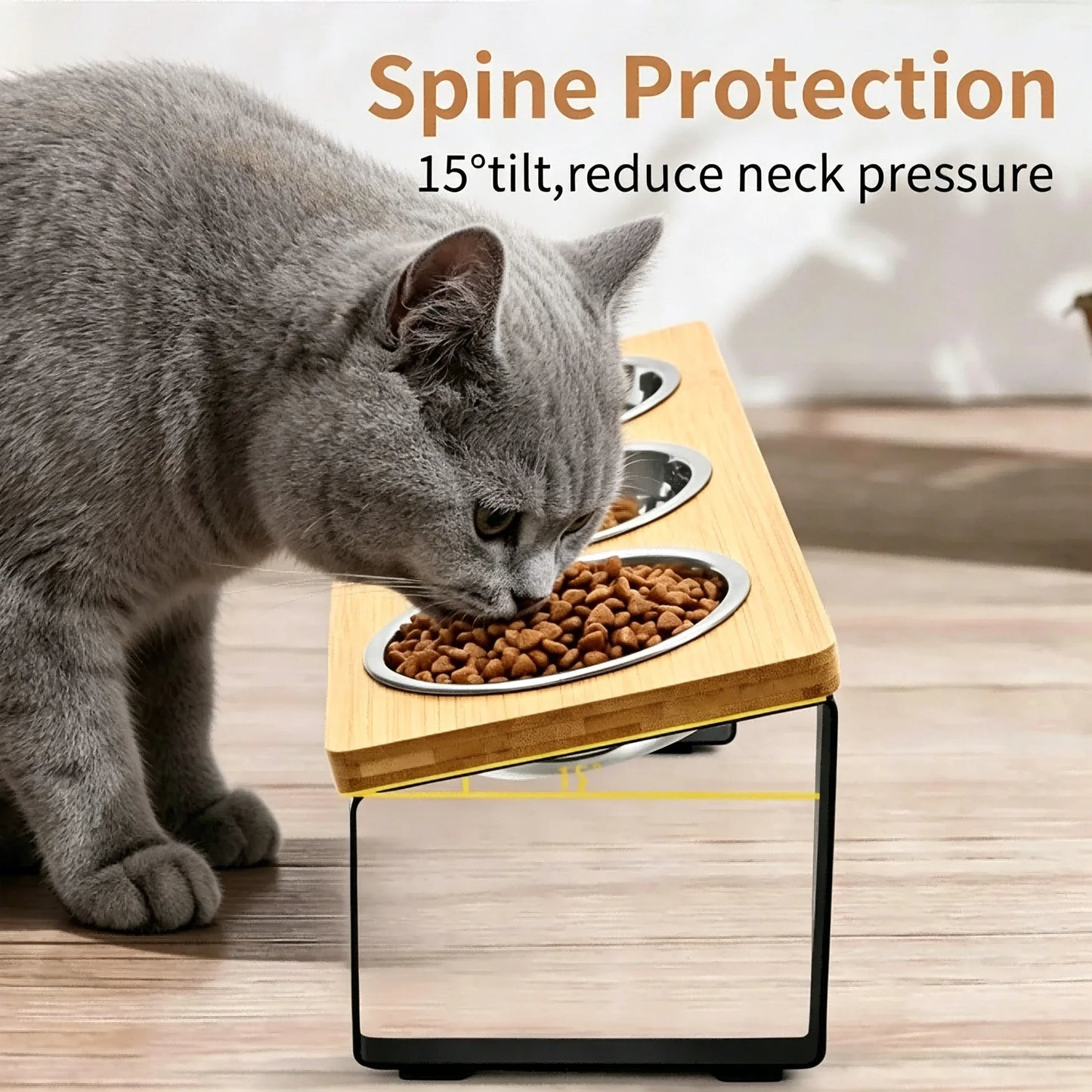 Elevated Cat Feeder With 15 Degree Tilt Bamboo Iron Stand
