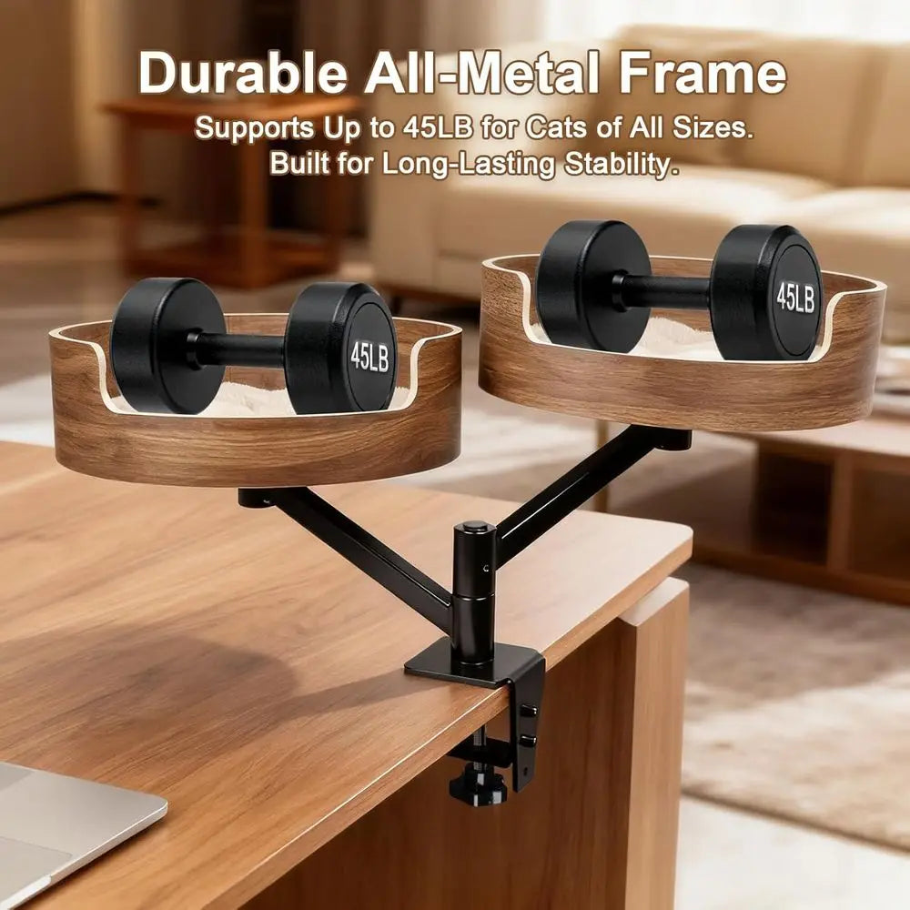 Double Cat Desk Bed With 360 Rotation Walnut Finish